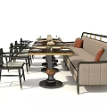 Modern Dining Table Set With Upholstered Sofa Dining Chairs Wooden Tabletop And Metal Frame 3d model