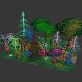Enchanted Forest Scene With Pine Trees Broadleaf Trees Wooden Structures And Lanterns