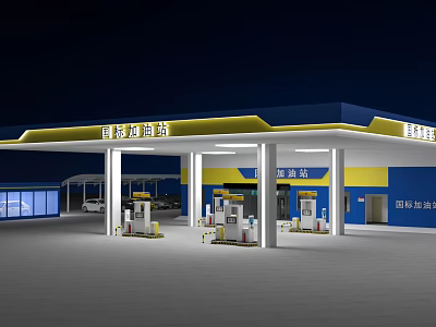 Modern Gas Station Exterior At Night With Bright Lighting And Fuel Pumps 3d model