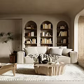 Modern Dining and Living Room Interior with Wooden Cabinets Round Table and Pendant Light