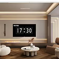 Modern Living Room Interior With TV Wall Clock Round Coffee Table And Wooden Floor