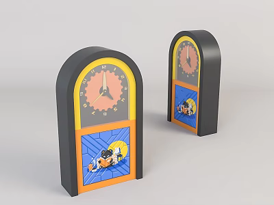 Decorative Table Clocks with Black Curved Top Yellow Orange Accents Blue Background Cartoon Graphics 3d model