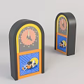 Decorative Table Clocks with Black Curved Top Yellow Orange Accents Blue Background Cartoon Graphics