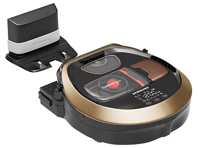 Smart Robot Vacuum Cleaner With Gold And Black Design And Charging Dock 3d model