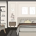 Neutral Tones Bedroom Interior With Upholstered Headboard Abstract Paintings Nightstand And Accent Chair