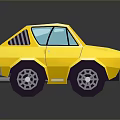 Yellow Cartoon Style Car With Blue Windows And Purple Wheels On Reflective Surface