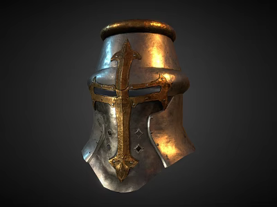 Vintage Medieval Metal Helmet with Gold Accents and Intricate Cross Design Details 3d model