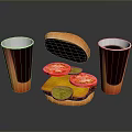 Delicious Hamburger with Fresh Bun Tomato and Cucumber Slices and Cold Drinks
