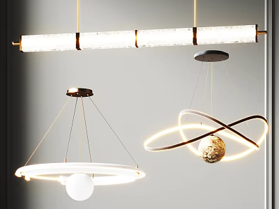 Minimalist Lighting Combinations Featuring Linear Pendant Lamp Circular Hoops and Spherical Glass Shades 3d model