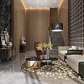 Hotel Lobby Interior Design With Grid Wall Brown Armchair Beige Sofa And Gold Coffee Table