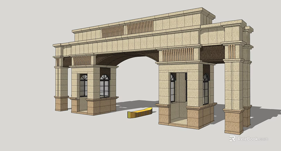 Classic Stone Entrance Gate With Arch Design Columns And Decorative Windows 3d model 
