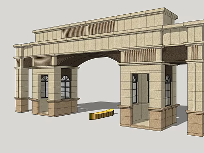 Classic Stone Entrance Gate With Arch Design Columns And Decorative Windows 3d model