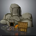 Rustic Rocky Cave Environment With Wooden Hut Rail Track Orange Object And Cave Entrance