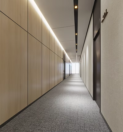 Modern Elevator Hallway Design With Wooden Panel Walls Gray Carpet And Ceiling Light Strips 3d model