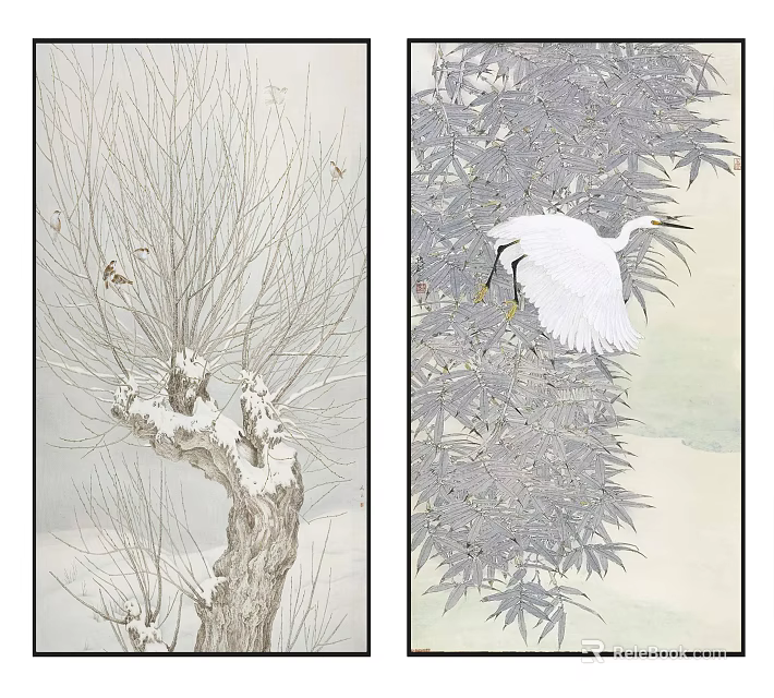 Traditional Chinese Painting Featuring Snowy Willow Birds Bamboo And White Egret 3d model 