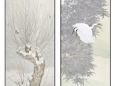 Traditional Chinese Painting Featuring Snowy Willow Birds Bamboo And White Egret 3d model
