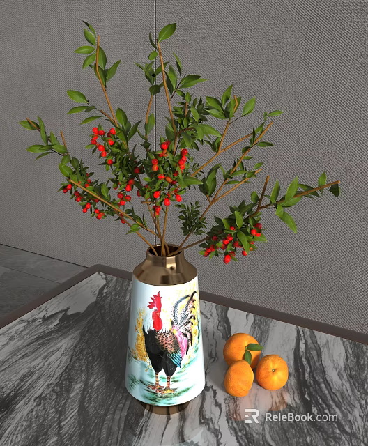 Decorative Vase With Rooster Design Holding Red Berries Green Leaves And Oranges On Marble Table 3d model 
