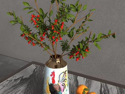 Decorative Vase With Rooster Design Holding Red Berries Green Leaves And Oranges On Marble Table 3d model