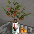 Decorative Vase With Rooster Design Holding Red Berries Green Leaves And Oranges On Marble Table
