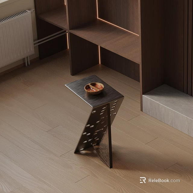 Modern Interior Side Table With Geometric Perforated Metal Frame And Wooden Tray 3d model 