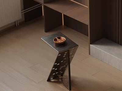Modern Interior Side Table With Geometric Perforated Metal Frame And Wooden Tray 3d model