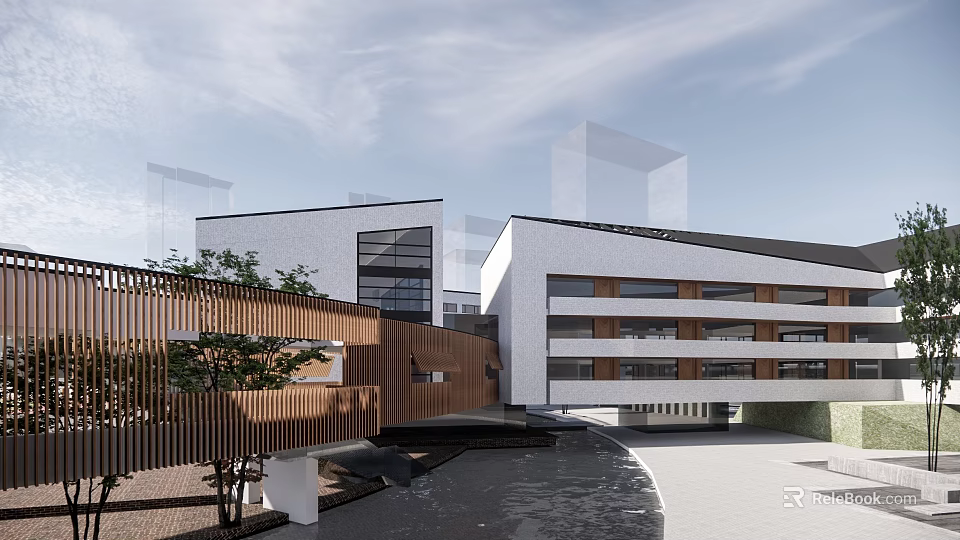 Modern School Building Exterior With Glass Facade Multi Story Structure Wooden Fence And Trees 3d model 