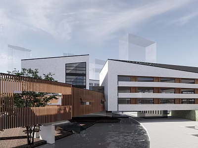 Modern School Building Exterior With Glass Facade Multi Story Structure Wooden Fence And Trees 3d model