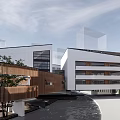 Modern School Building Exterior With Glass Facade Multi Story Structure Wooden Fence And Trees