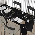 Modern Minimalist Dining Table Set With Black Marble Top Woven Chairs Books And Glass Cups