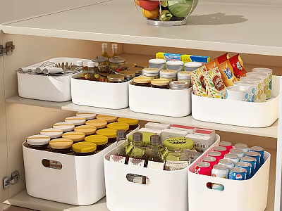 Neatly Arranged Kitchen Spice Bottles In White Storage Containers With Diverse Seasonings 3d model
