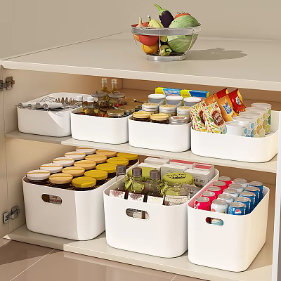 Neatly Arranged Kitchen Spice Bottles In White Storage Containers With Diverse Seasonings 3d model