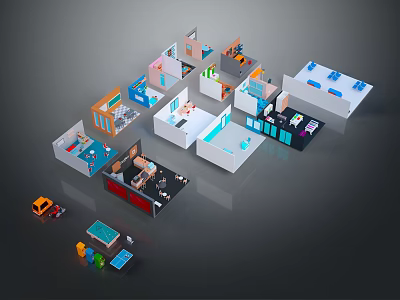 Colorful Multiple Room Interior Design Models With Various Furniture And Layout Elements 3d model