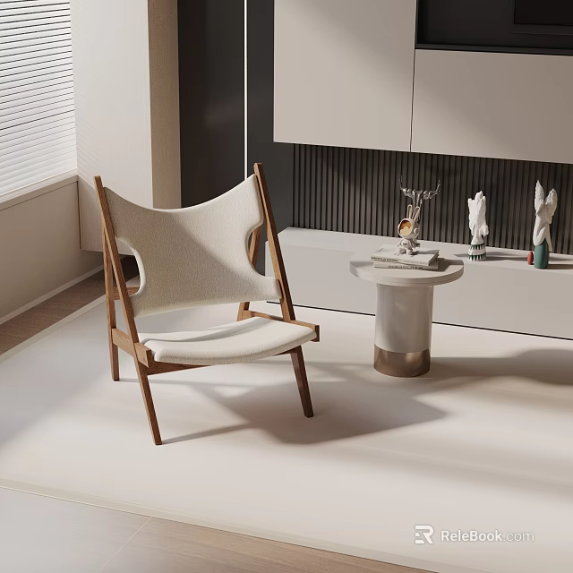 Modern Accent Chair with Wooden Frame and White Cushion in Living Room with Side Table 3d model 
