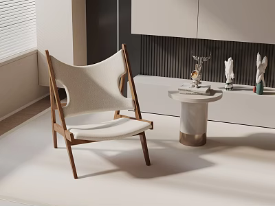Modern Accent Chair with Wooden Frame and White Cushion in Living Room with Side Table 3d model