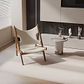 Modern Accent Chair with Wooden Frame and White Cushion in Living Room with Side Table