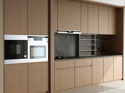 Modern Brown Kitchen Cabinets Interior With White Appliances Black Countertop And Metal Shelf 3d model