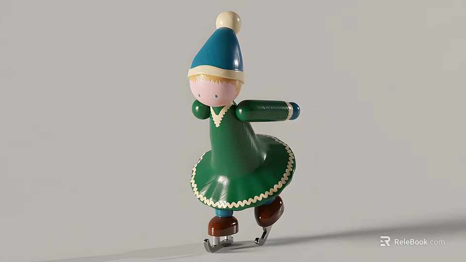 Wooden Doll with Blue Hat White Pom-pom Blonde Hair Green Dress White Trim Brown Skates 3d model 