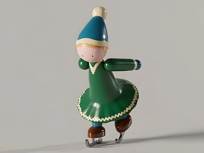 Wooden Doll with Blue Hat White Pom-pom Blonde Hair Green Dress White Trim Brown Skates 3d model