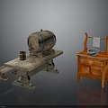 Vintage Furniture Featuring Stone Table Wooden Barrel Small Stool Red Cabinet With Blue Basin Shelf