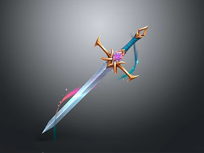 Fantasy Decorative Sword Weapon with Golden Hilt Purple Gem and Glowing Blade 3d model