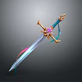 Fantasy Decorative Sword Weapon with Golden Hilt Purple Gem and Glowing Blade