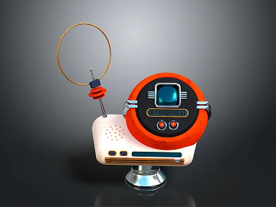Retro Robot With Circular Antenna Orange Black Panel Blue Screen Buttons White Base Silver Stand 3d model