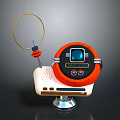 Retro Robot With Circular Antenna Orange Black Panel Blue Screen Buttons White Base Silver Stand 3d model