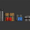 Various Colored Metal And Plastic Storage Barrels And Cans