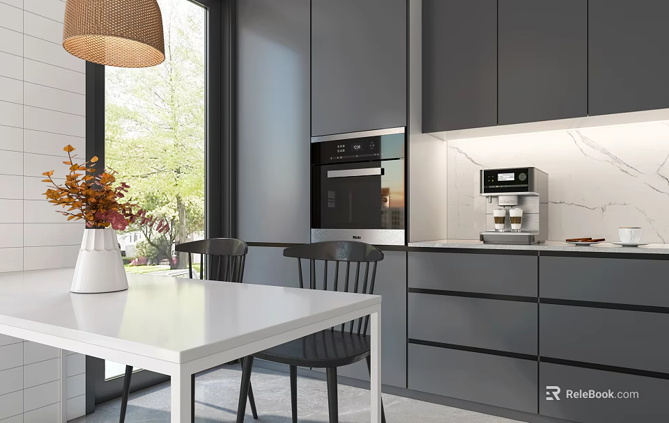 Modern Kitchen Dining Set With White Table Black Chairs Gray Cabinets And Large Window 3d model 
