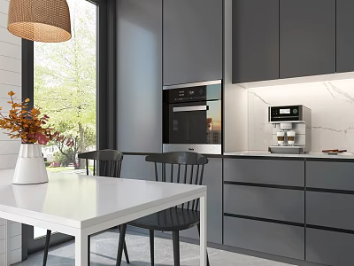 Modern Kitchen Dining Set With White Table Black Chairs Gray Cabinets And Large Window 3d model