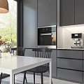Modern Kitchen Dining Set With White Table Black Chairs Gray Cabinets And Large Window
