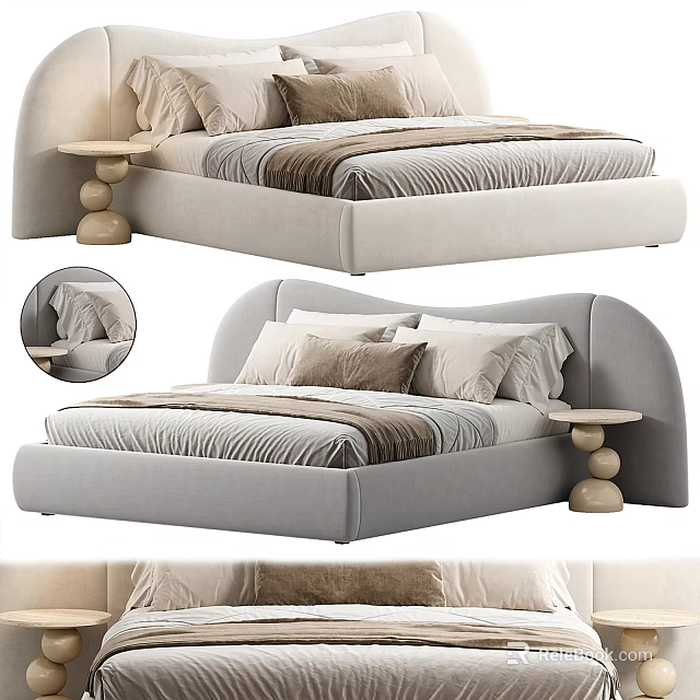 Elegant Modern Double Bed Interior With Upholstered Curved Headboard And Light Gray Fabric Nightstand 3d model 
