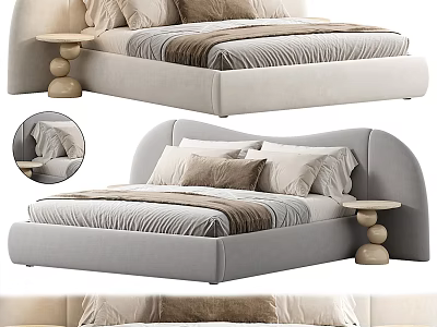 Elegant Modern Double Bed Interior With Upholstered Curved Headboard And Light Gray Fabric Nightstand 3d model
