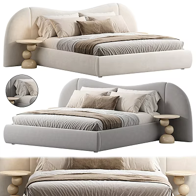 Elegant Modern Double Bed Interior With Upholstered Curved Headboard And Light Gray Fabric Nightstand 3d model